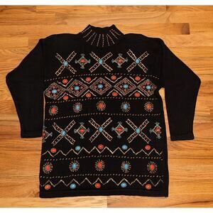 VTG Studio Collection Women's Southwestern Beaded Mock Neck Sweater Size Medium